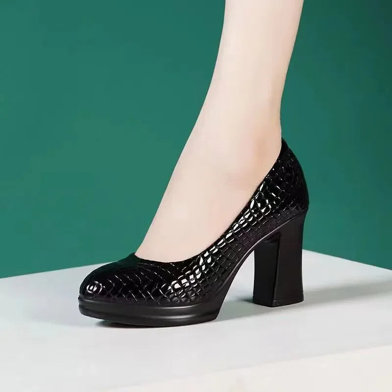 sapatos femininas women fashion round toe black plaid pattern slip on chick high heel shoes lady casual white work pumps a411