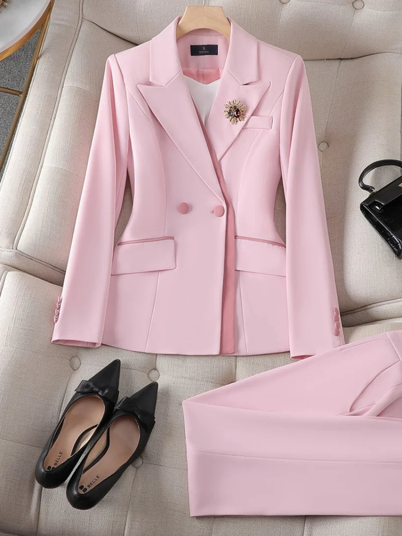 Fashion Pink White Women Pant Suit 2 Piece Set Office Ladies Female Business Work Wear Formal Blazer Jacket And Trouser