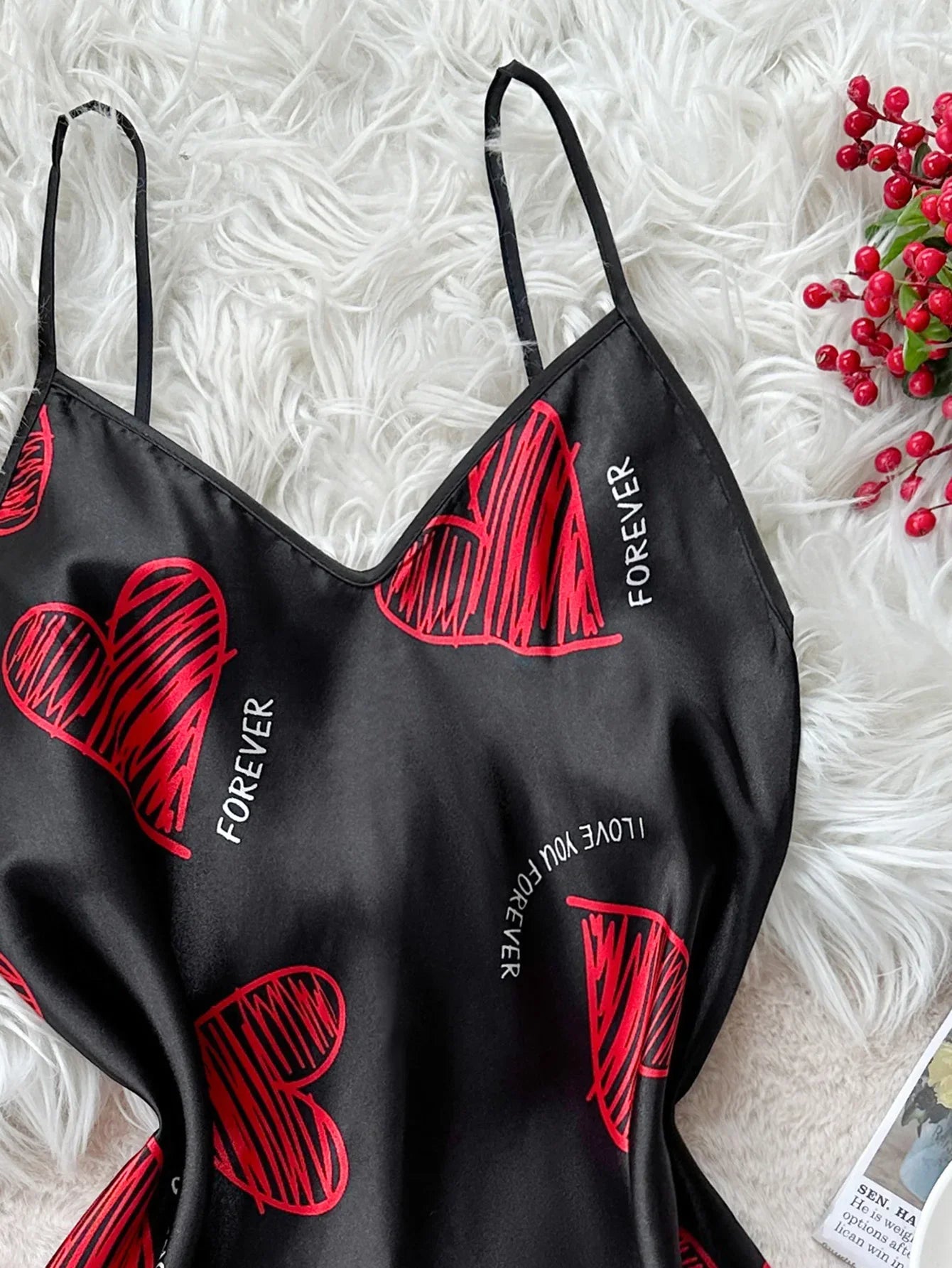 Valentine Red Lips Print Satin Slip Dress Backless V Neck Lace Nightgown Bridal Lingerie for Couples Night Sleepwear