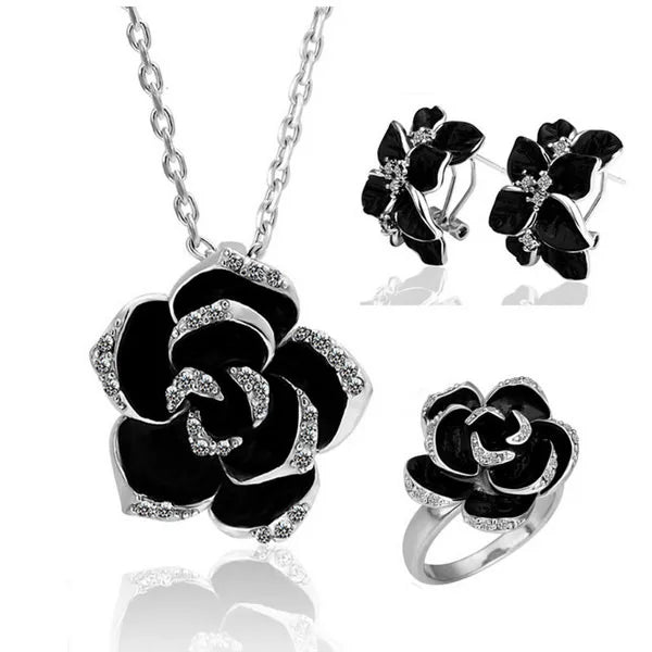Fashion Rose Flower Enamel Jewelry Set Rose Gold Color Black Painting Bridal Jewelry Sets for Women Wedding