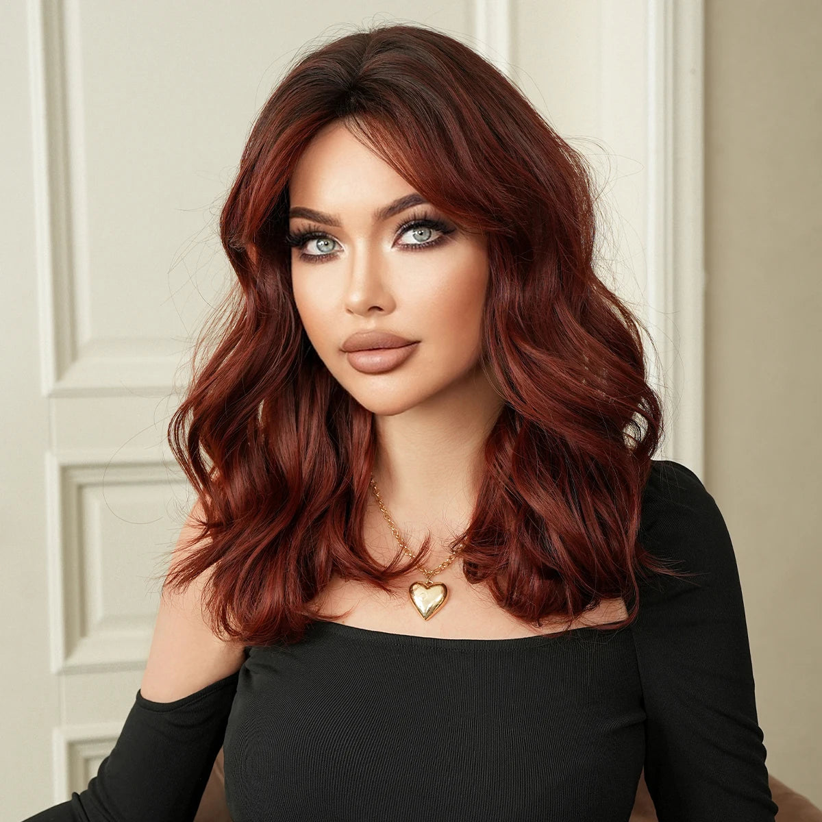 Shoulder Length Body Wave Wine Red Wig for Women High Density Synthetic Layered Modest Fashion Middle Part Wigs with Dark Roots