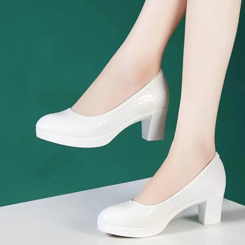 sapatos femininas women fashion round toe black plaid pattern slip on chick high heel shoes lady casual white work pumps a411