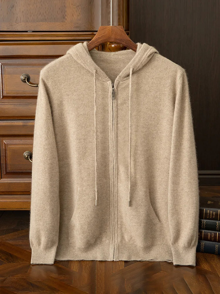 24 men's autumn and winter 100% pure wool cardigan hooded with pocket solid color thick sweater casual cashmere knitted jacket