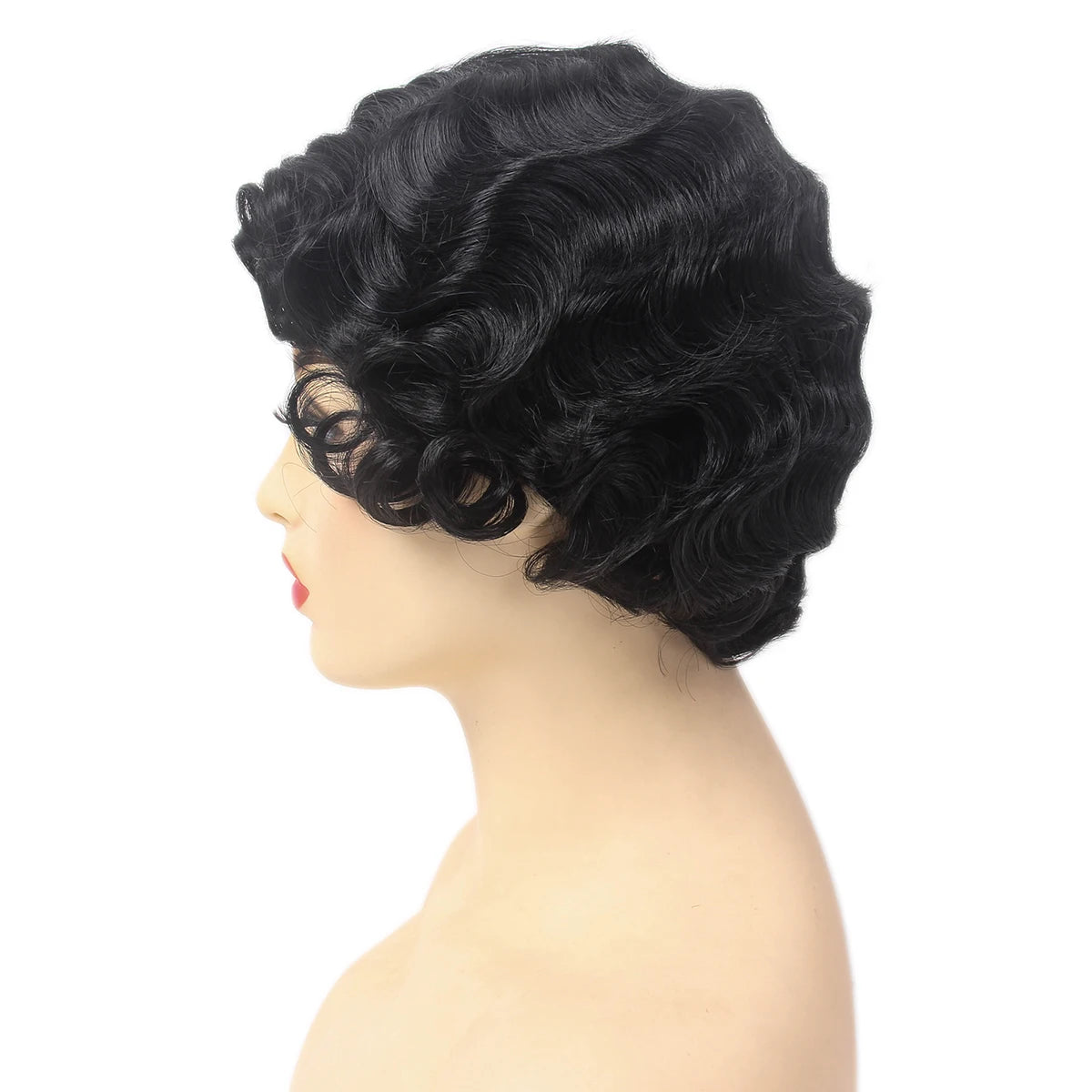 REEWES Short Curly Finger Wave Wigs With Oblique Bangs 1920s Retro Wavy Cosplay Costume Wig Classy Vintage Wavy Style For Women