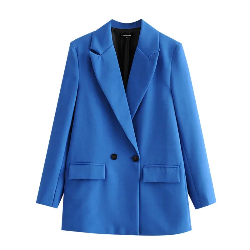 Women Black Blazer 2025 Fashion Office Wear Double Breasted Blazer Coat Vintage Long Sleeve Pockets Female Outerwear Chic Tops