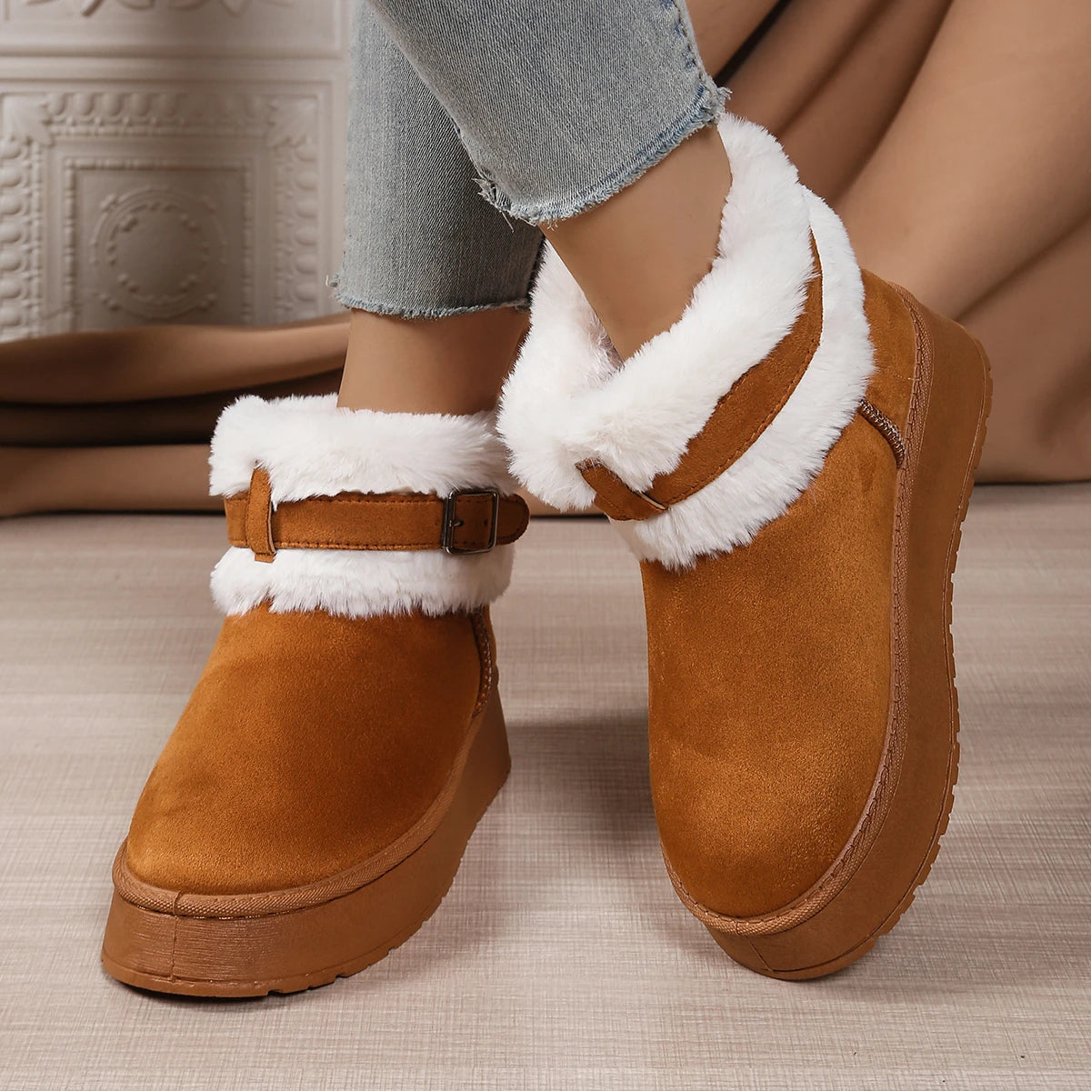 Women's Single Boots Winter New Thick Soled Frosted Plush Zipper Mid-calf Boots Casual Comfort Warm Non-slip Snow Boots