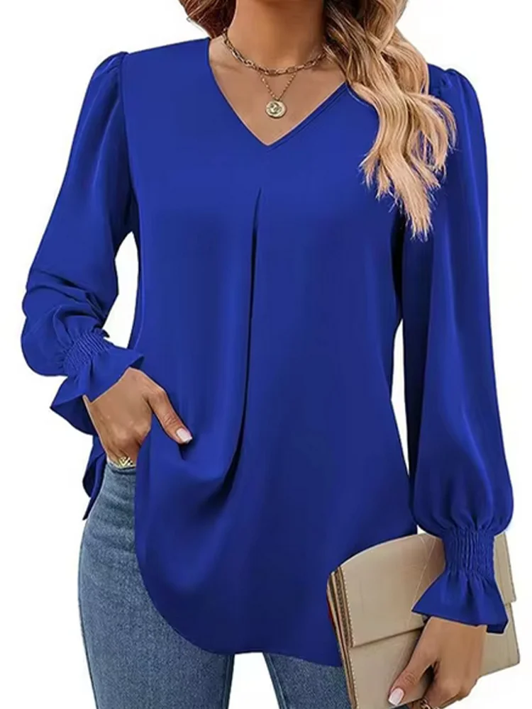 Women's Simple Solid Color V-neck Long Sleeve Top Lady Fashionable T-shirt Elegant Autumn Work Clothes
