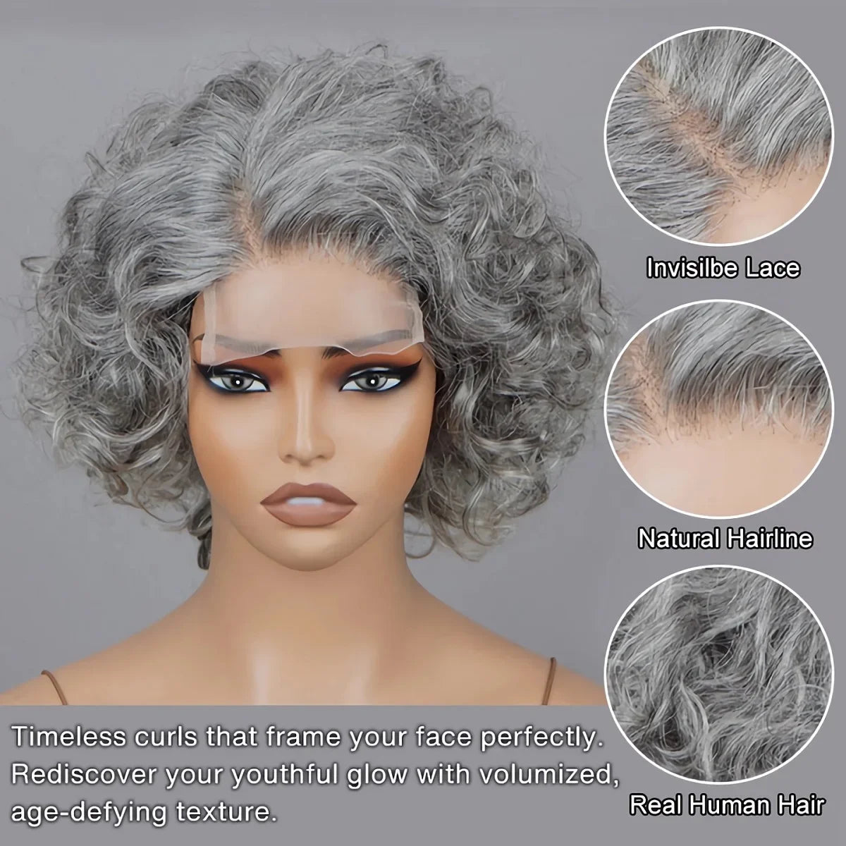 LULUCHIC Seniors Salt & Pepper Wig Loose Curly Short Bob Silver Gray Human Hair Minimalist Glueless Wigs Brazilian Vingin Hair