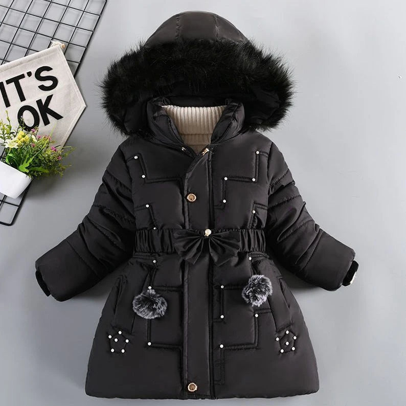 Winter Girls' New Nail Bead and Plush Thickened Waist Hair Collar Hooded Fashionable Windproof and Warm Cotton Jacket