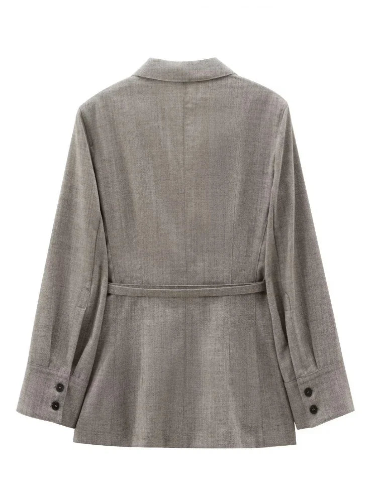 ZBZA Women Loose Blazer with Belt Lapel Long Sleeve Single Breasted Solid Sleeve Button Casual Commuter Jacket Fall Winter Coat