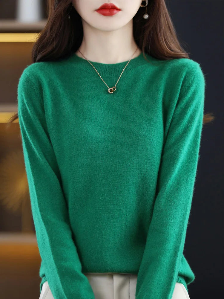 Autumn Winter Women Clothing Pullover New Fashion 100% Merino Wool Sweater Cashmere Tops Basic O-Neck Long Sleeve Knitwear