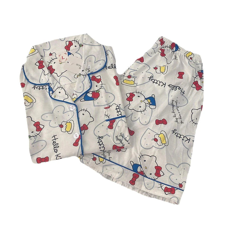 Cute Women's Summer Pajamas Set Cartoon Hello Kitty Nightgown Loose Soft Sleep Tops Short Sleeve Sweet Girls Sleepwear Clothes
