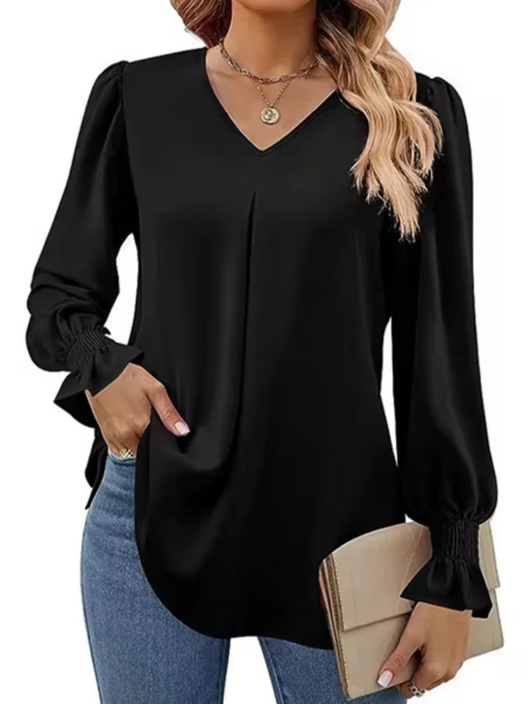Women's Simple Solid Color V-neck Long Sleeve Top Lady Fashionable T-shirt Elegant Autumn Work Clothes