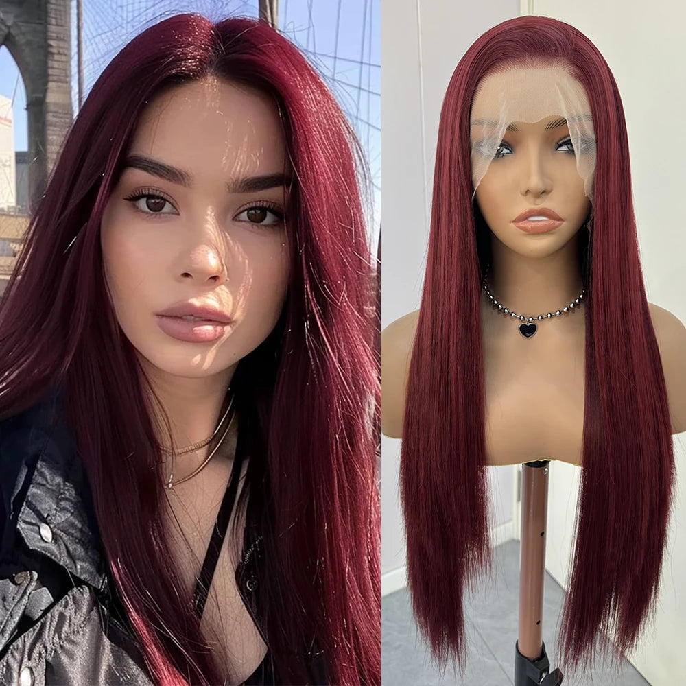 Burgundy Wigs Long Straight Synthetic Hair Wine Red Wig Straight Lace Wigs for Women Frontal Lace Wig Heat Resistant Daily Wear