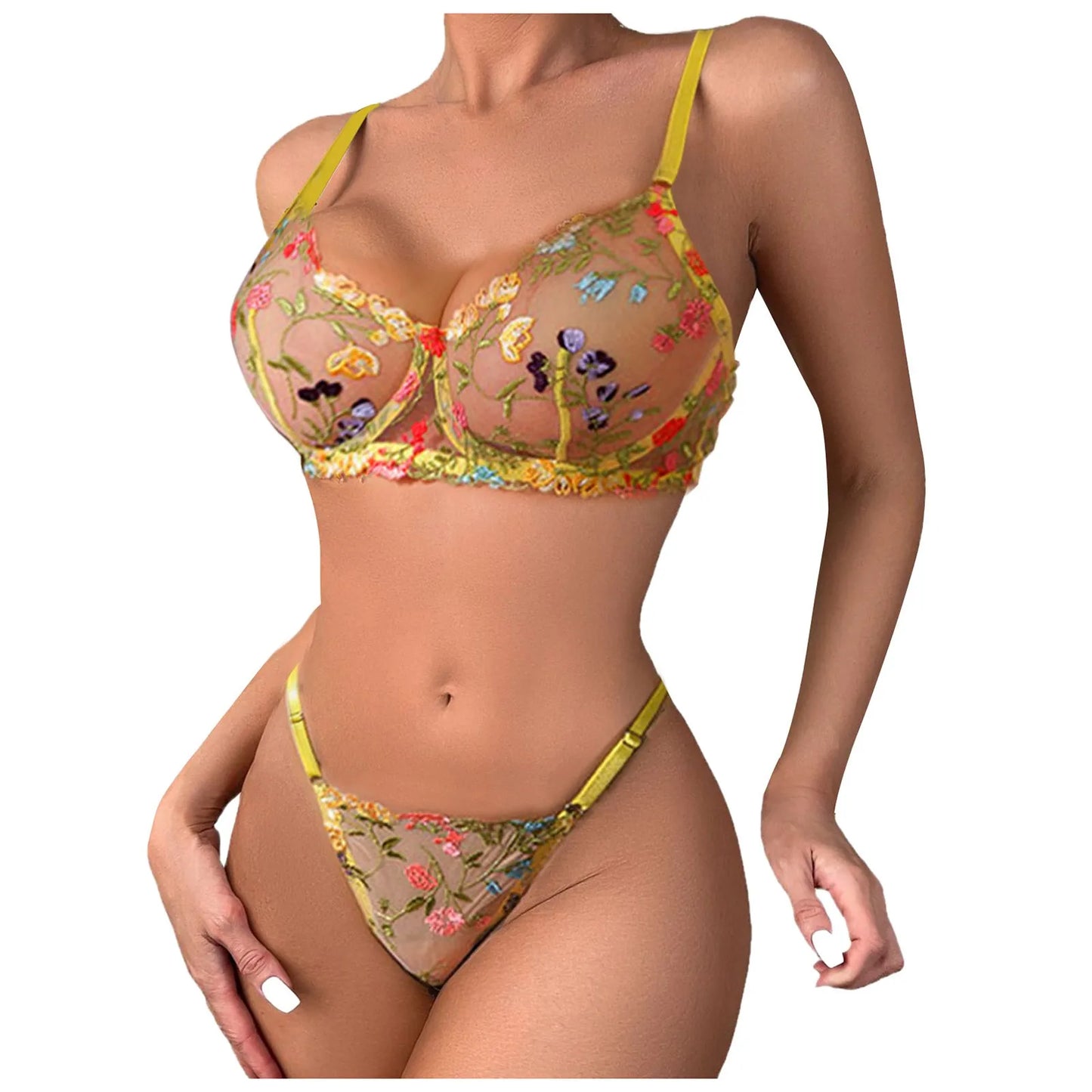 Women Underwire Lingerie Set Cute Push Up Strappy Embroidered Sheer Mesh Lingerie Set 2pcs Panty Bra Lingerie For Women LenceríA