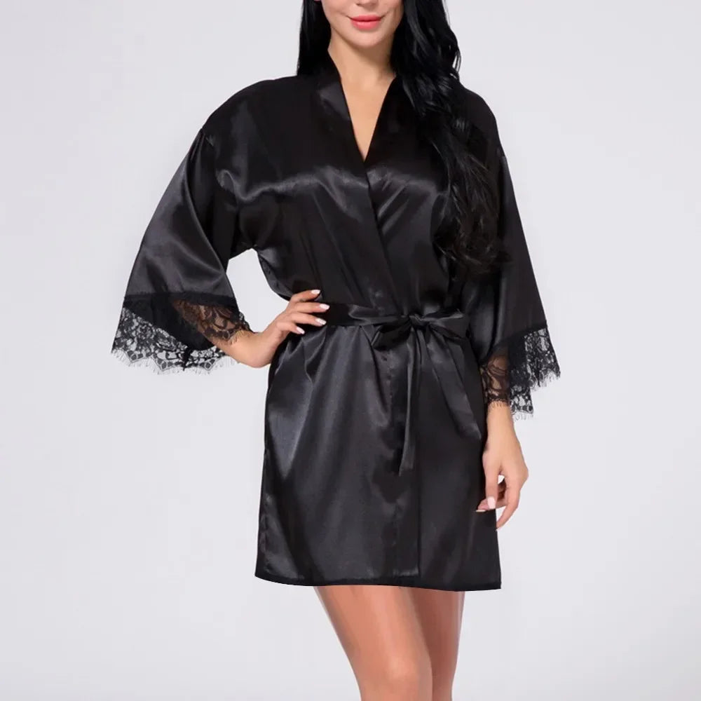 Fabric Women Sleepwear Pajamas High Quality Practical Women Sleepwear Belt Bride Dressing Kimono Lace Ladies Fashion