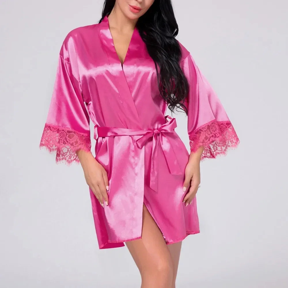 Fabric Women Sleepwear Pajamas High Quality Practical Women Sleepwear Belt Bride Dressing Kimono Lace Ladies Fashion