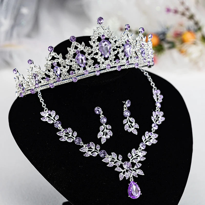 Luxury Silver Crown Necklace and Earring Set for Women, Purple Teardrop Tiara with Leaf Choker and Dangle Earrings, Wedding Prom