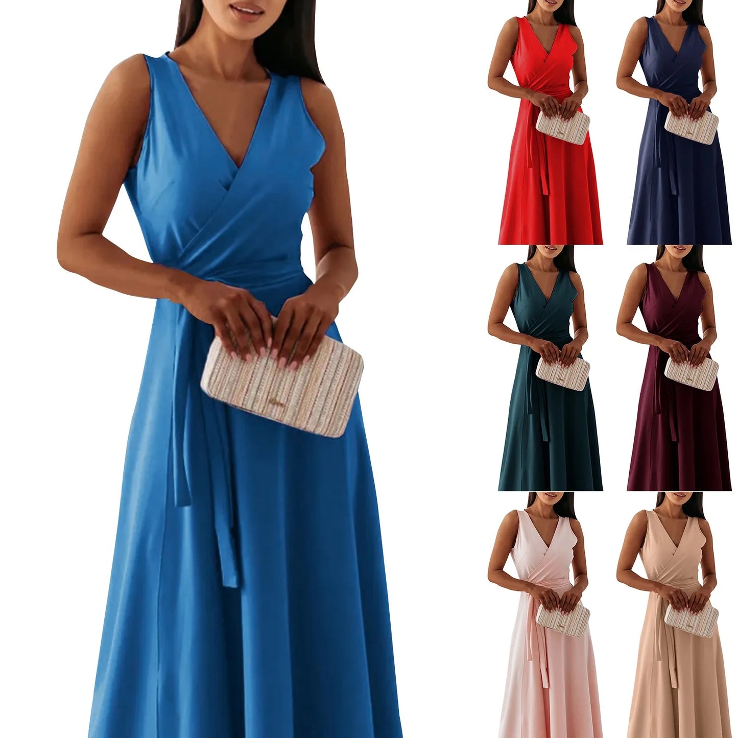 dresses for women elegant party dresses V-neck Sleeveless Belt Evening Dresses Solid Color Solid Color dress vestidos femenino