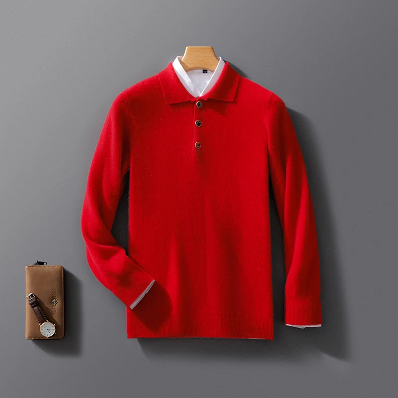 Autumn And Winter New 100 Pure Wool Sweater Men's POLO Collar Button Loose Pullover Sweater Cashmere Knitted Bottoming Shirt