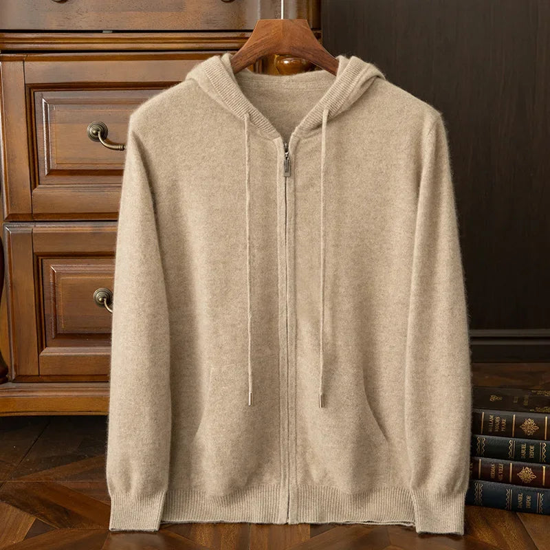 24 men's autumn and winter 100% pure wool cardigan hooded with pocket solid color thick sweater casual cashmere knitted jacket