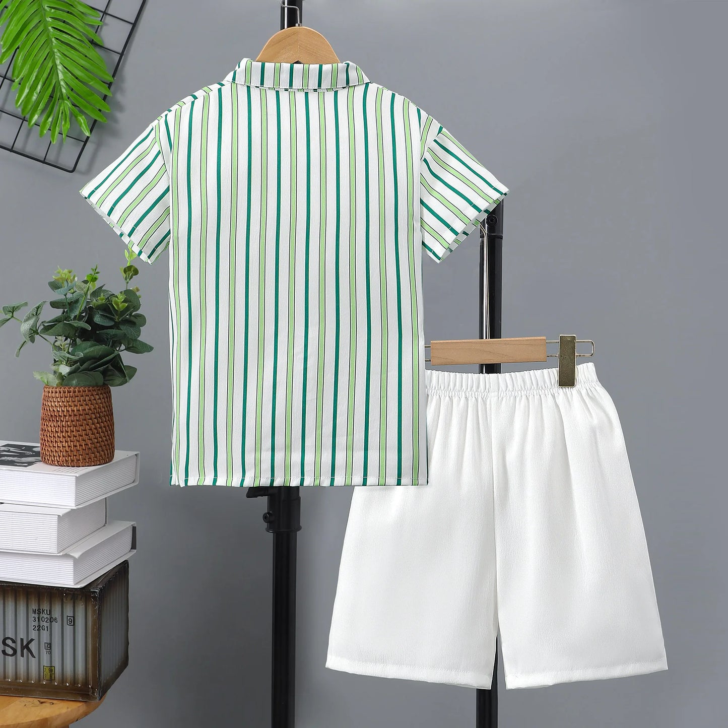 2pcs Boys Casual Striped Short Sleeve Lapel Shirt & Shorts Set, Comfy Summer Boys Clothing