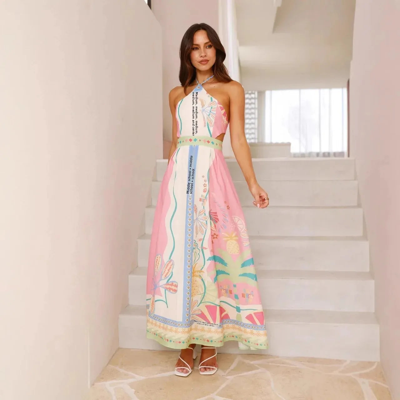 Sexy Long Neck Hanging Strap Backless Dress New 2025 Independent Station Cross-Border Sleeveless Knee-Length Polyester Fiber