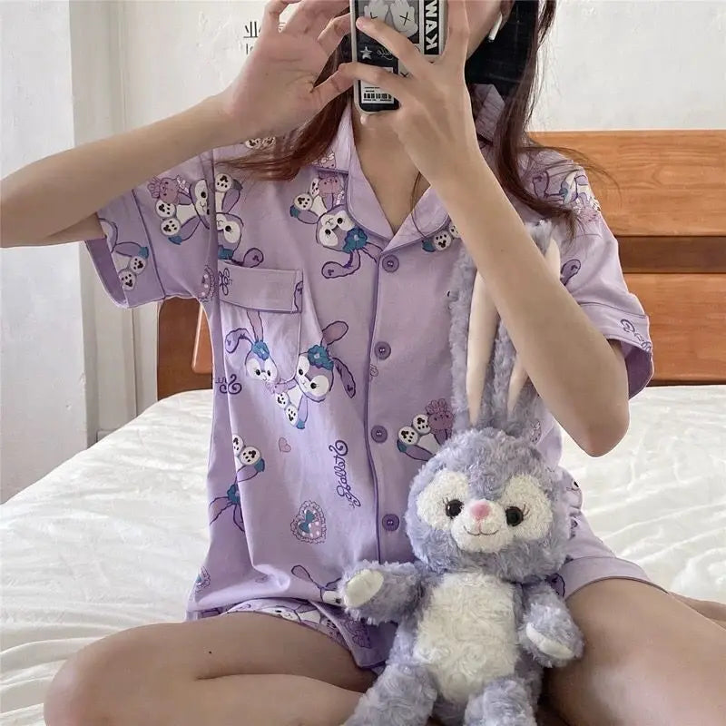 Cute Women's Summer Pajamas Set Cartoon Hello Kitty Nightgown Loose Soft Sleep Tops Short Sleeve Sweet Girls Sleepwear Clothes