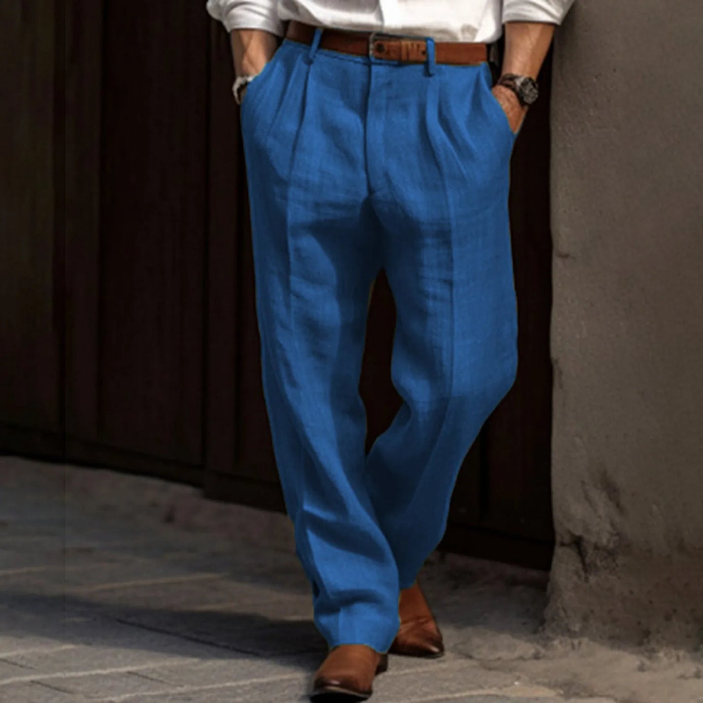 Man Pants Casual pantalones hombre Front Pocket Wide Leg Pants Elastic Waist Belt Loose Comfortable breathable Daily Pants