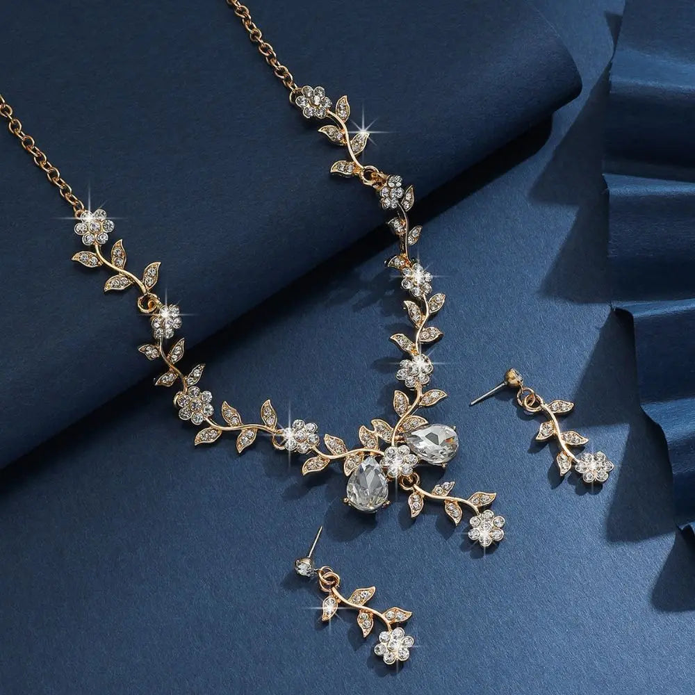 Bridal Flower Crystal Jewelry Set Shining Exquisite Earrings Luxury Rhinestone Necklace Banquet