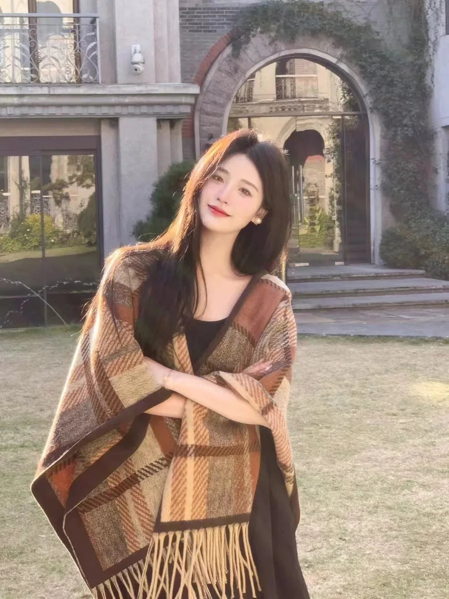 2024 Winter Women Faux Woolen Loose Tassel Shawl Capes Cashmere Wear Warm Thick Poncho Cardigan Lady Printed Plaid Blanket