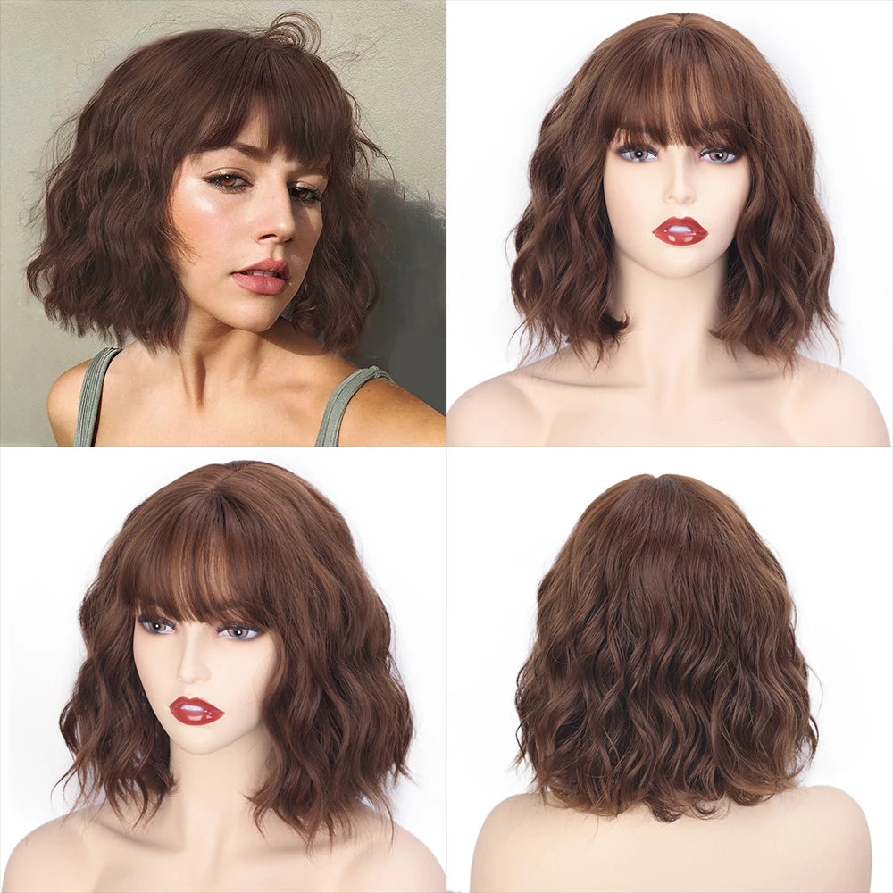 I's a wig Short Black Bob Wavy Wigs With Bangs for Women Synthetic Wig Heat Resistant Fiber Red Black Pink Hairs
