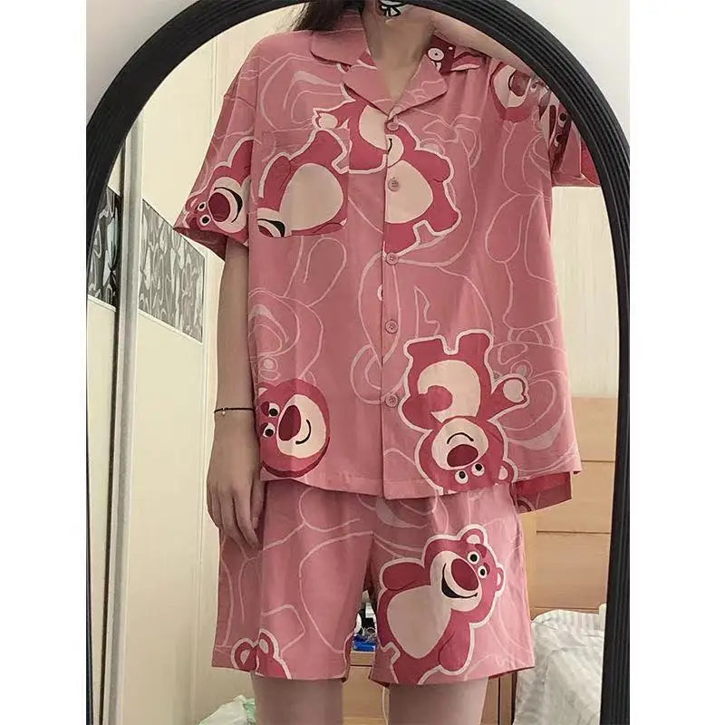 Cute Women's Summer Pajamas Set Cartoon Hello Kitty Nightgown Loose Soft Sleep Tops Short Sleeve Sweet Girls Sleepwear Clothes