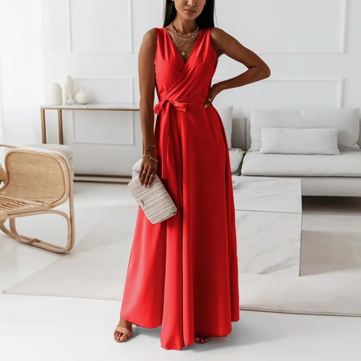 dresses for women elegant party dresses V-neck Sleeveless Belt Evening Dresses Solid Color Solid Color dress vestidos femenino