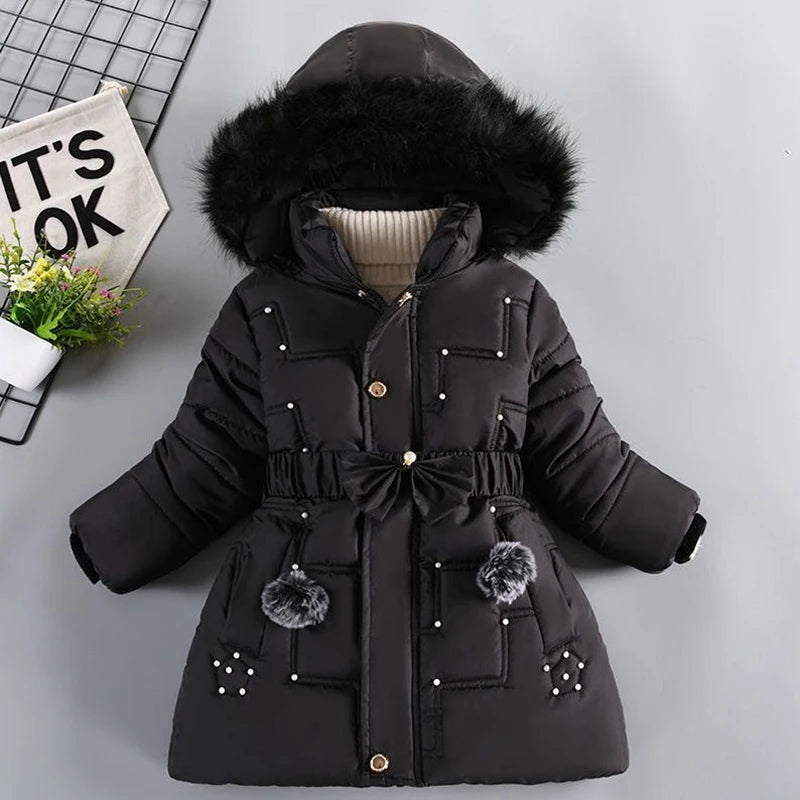 Winter Girls' New Nail Bead and Plush Thickened Waist Hair Collar Hooded Fashionable Windproof and Warm Cotton Jacket