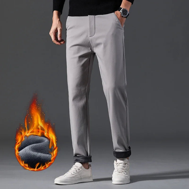 Winter Mens Clothing Warm Casual Pants 98% Cotton Fleece Straight Business Thicken Men Pants Stretch Classic Velvet Trousers