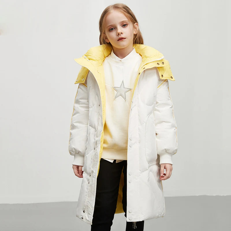 Kids Girls Winter Long Down Coat Contrast Color Double Wear Hooded White Duck Down Jacket 4-12Y Children Warm Outwears