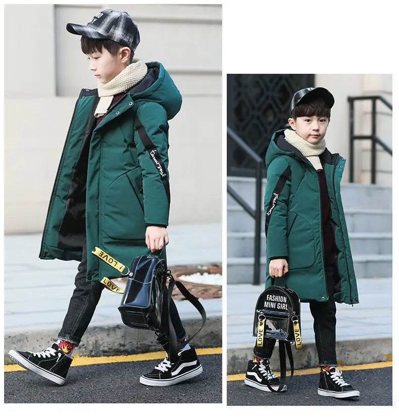 2025 Boys down Winter Thick Coat Teen Parka Children Plus Velvet Warm Jackets Fashion Hooded Outwear Kids Clothes 4 8 10 12 year