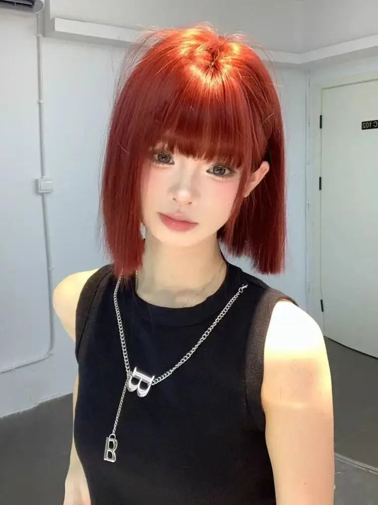 Wig Short Hair Female Internet Celebrity Short Hair Daily Lolita Natural Bangs Full Head Cover Black Red Supernatural Synthetic