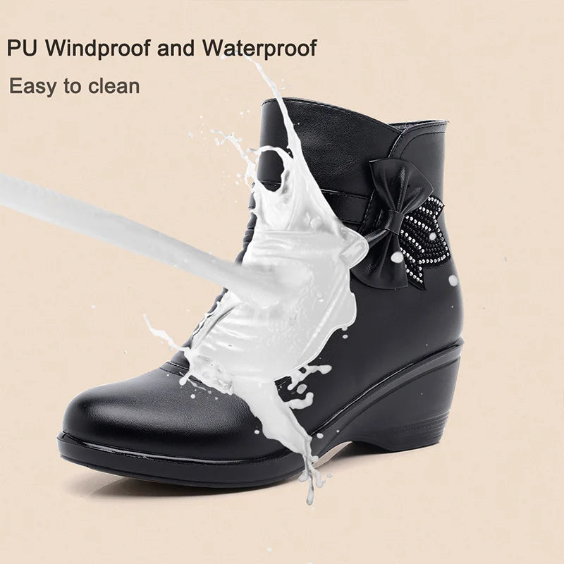 Fashion Winter Women Ankle Boots PU Leather Female Thick Plush Warm Snow Boots Mother Waterproof Non-slip Booties Luxury