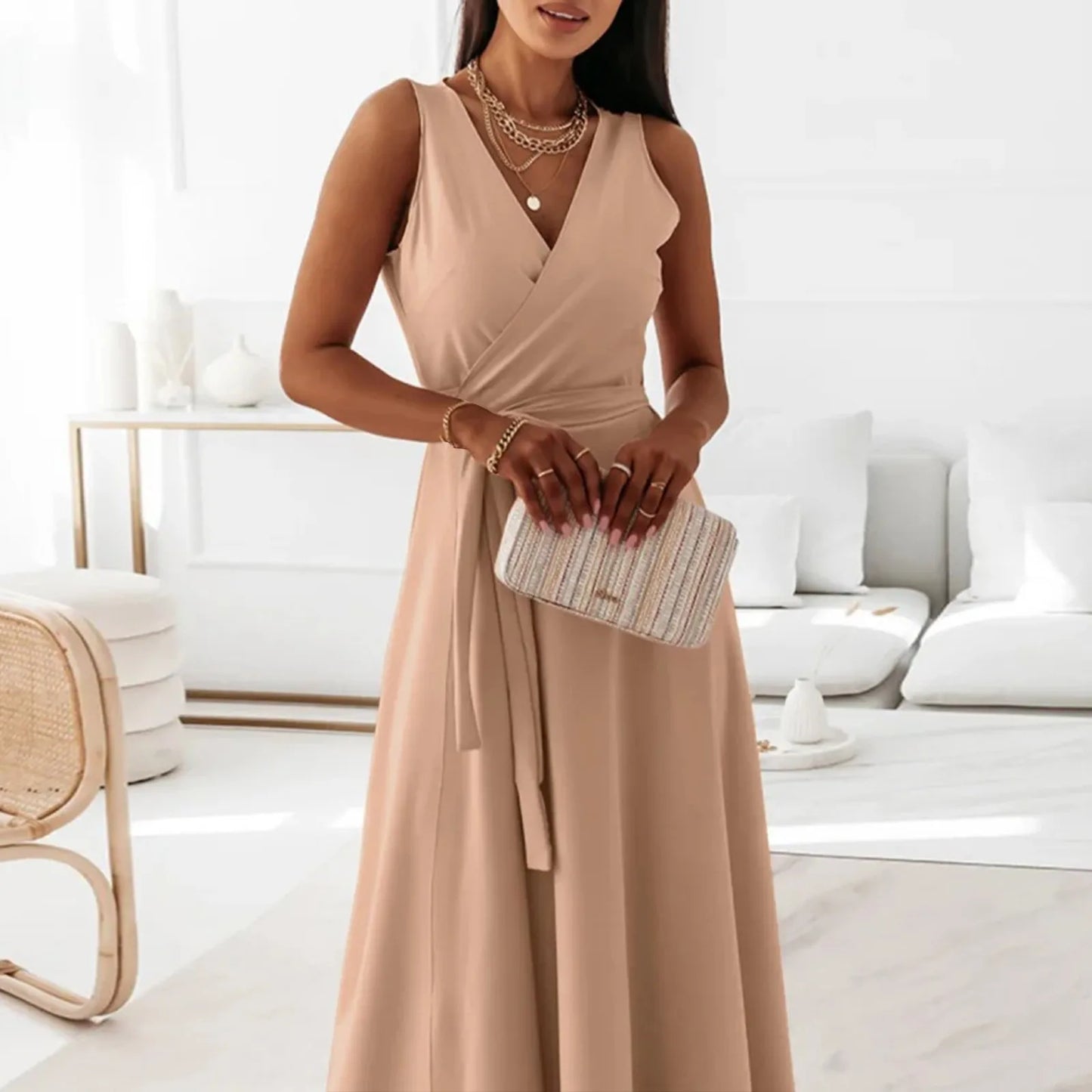 dresses for women elegant party dresses V-neck Sleeveless Belt Evening Dresses Solid Color Solid Color dress vestidos femenino