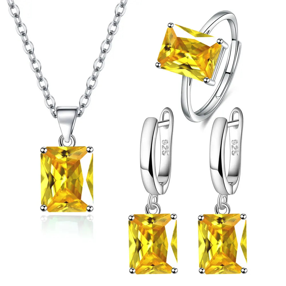 925 Sterling Silver Elegant Jewelry Sets Ring Earrings Necklace For Women Rectangle Geometry Zircon Wedding Accessories