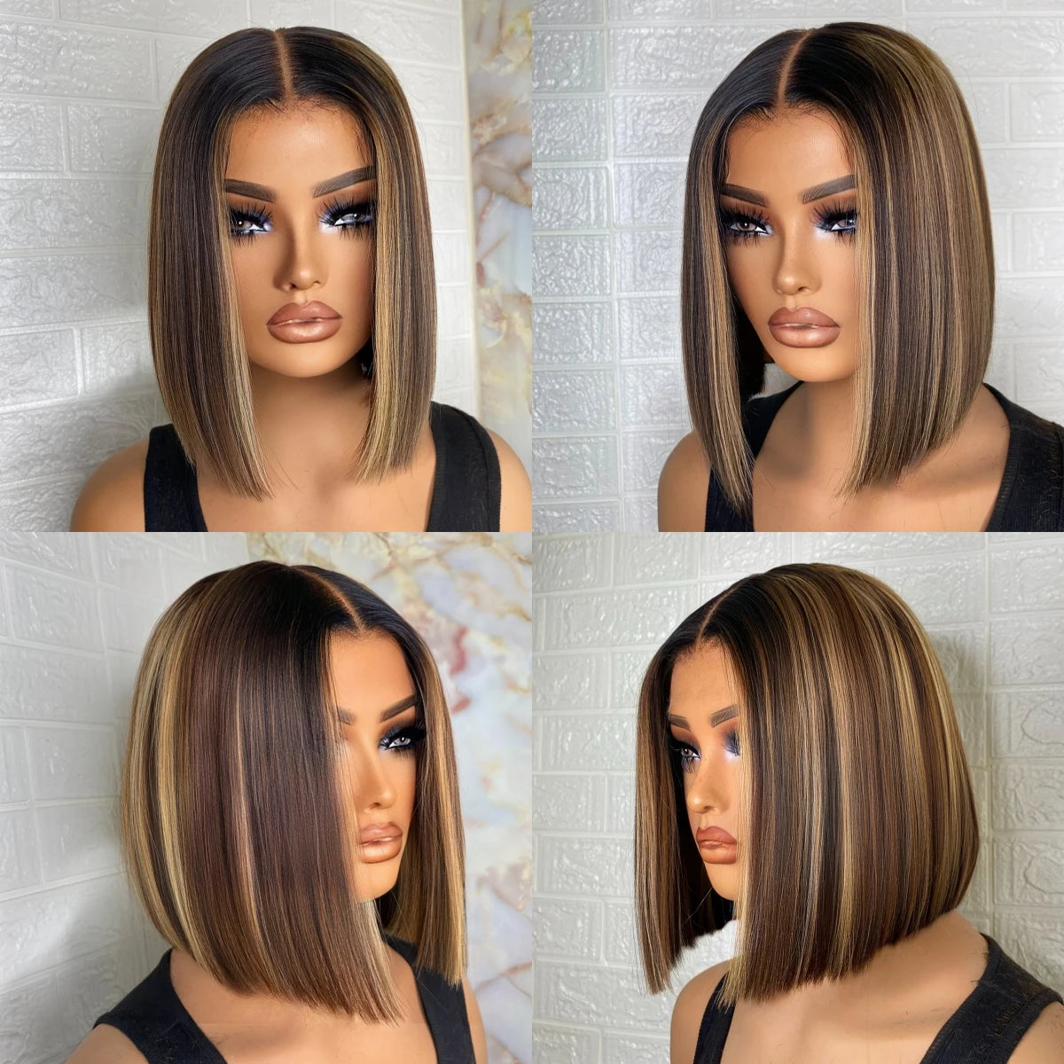 Highlight 4/27 Straight Short Bob Wigs Ombre Human Hair Wigs Brazilian Bone Straight Bob Wigs Human Hair 13x4 Lace Frontal Wigs
