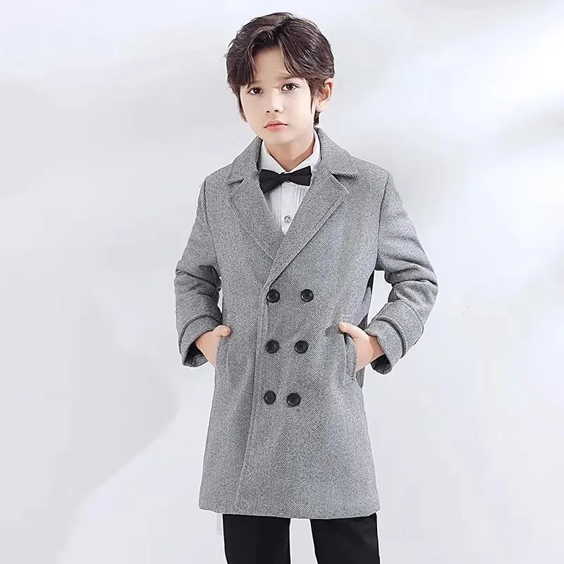 School Children Retro British Style Winter Thick Warm Wool Long Coat Boys Windproof Outdoor Jacket Kids Formal Birthday Party P