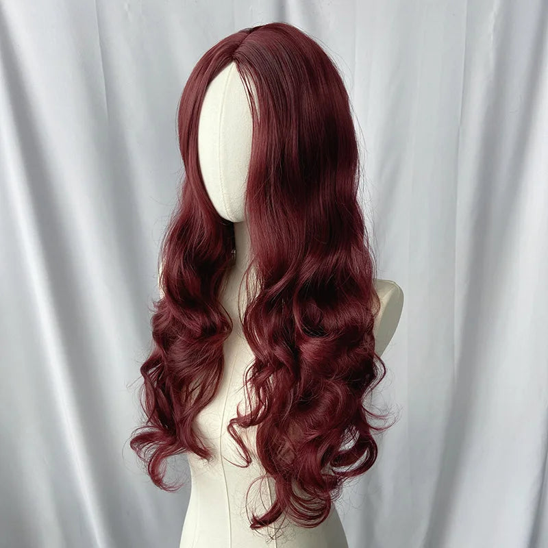 European and American Synthetic Wig Wine Red In Large Waves Long Curly Hair Women Fashion Daily Party Use Full Head Cover