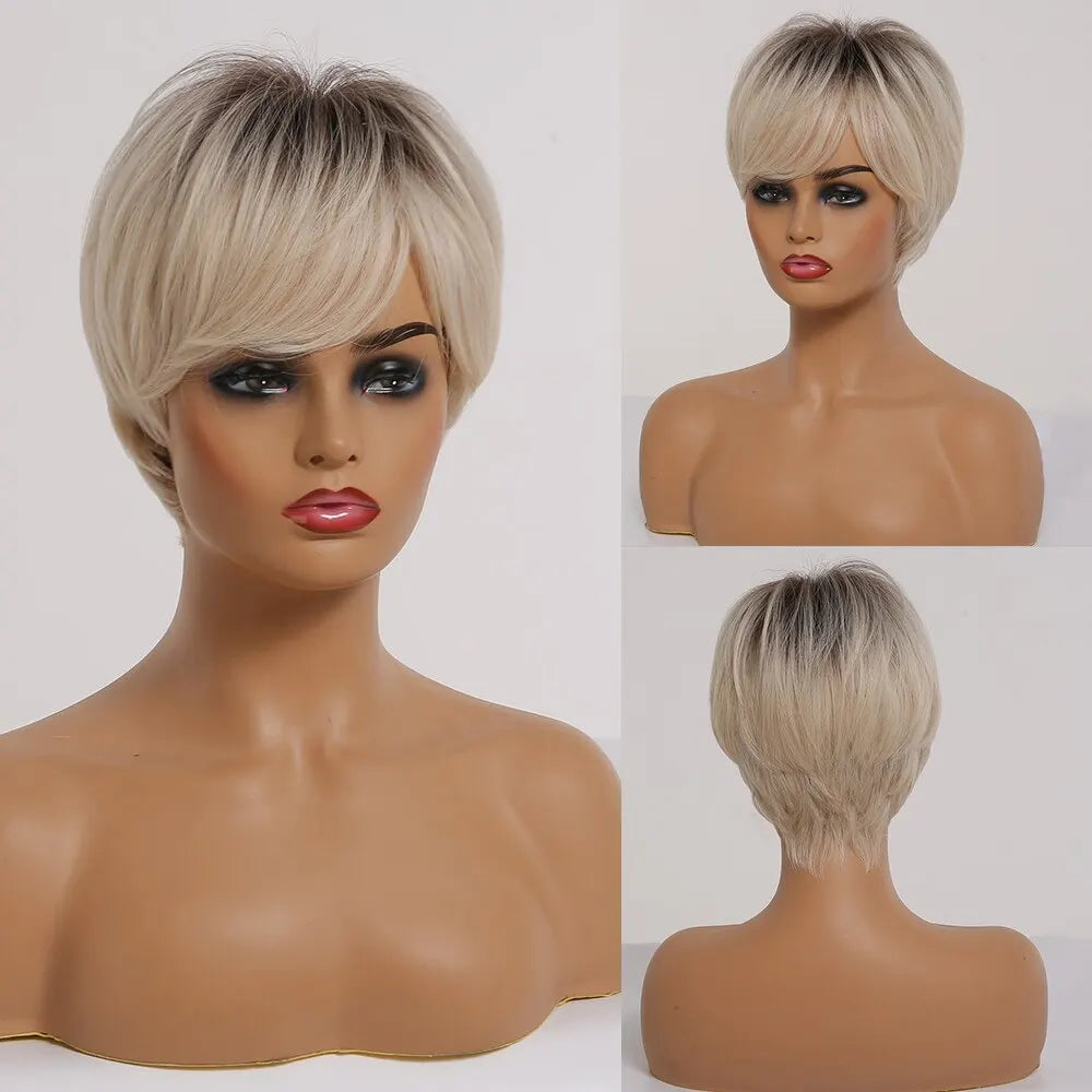 Short Pixie Cut Synthetic Wigs For Women Brown Mixed Blonde Wigs With Bangs Natural Looking Daily Use Hair Heat Resistant Fiber