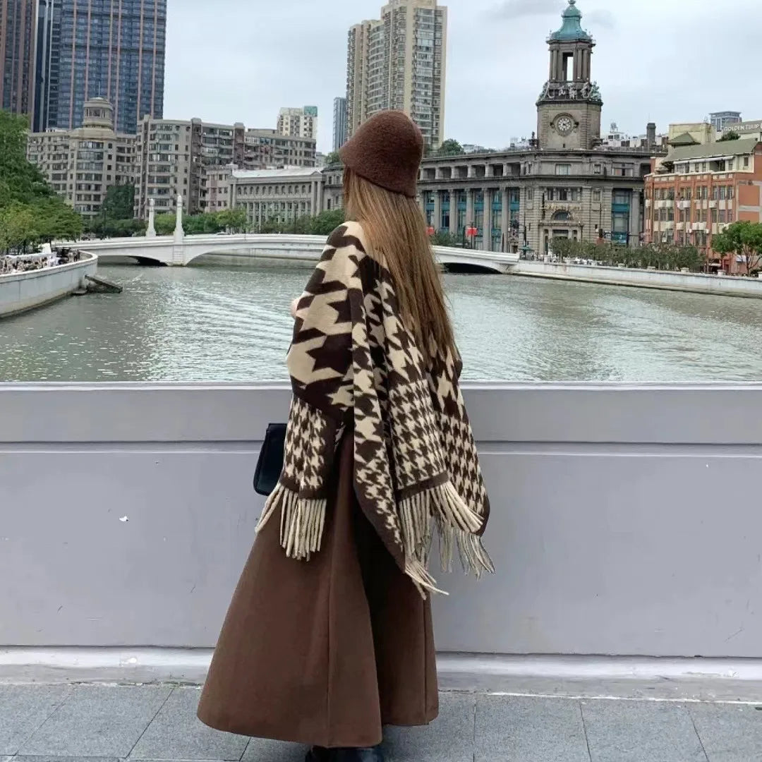 2024 Winter Women Faux Woolen Loose Tassel Shawl Capes Cashmere Wear Warm Thick Poncho Cardigan Lady Printed Plaid Blanket