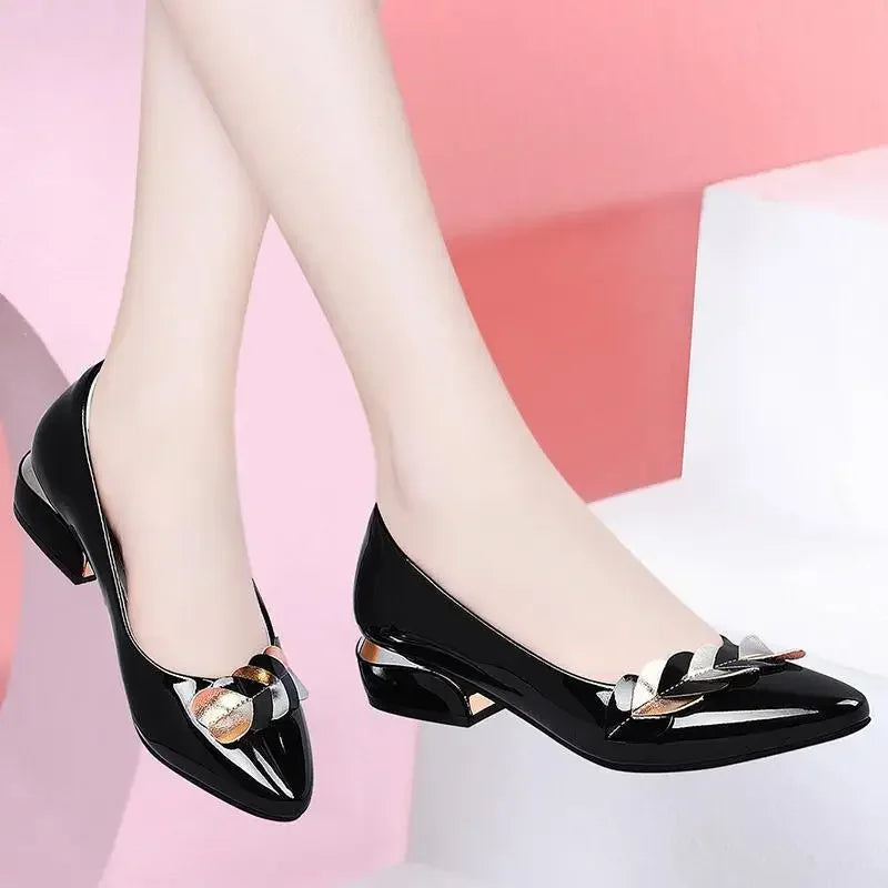 2024 Women Dress Shoes Patent Leather Mid Heel Pumps Fashion Shoes Pointed Toe Slip on Office Ladies Zapatos Black Women Shoes