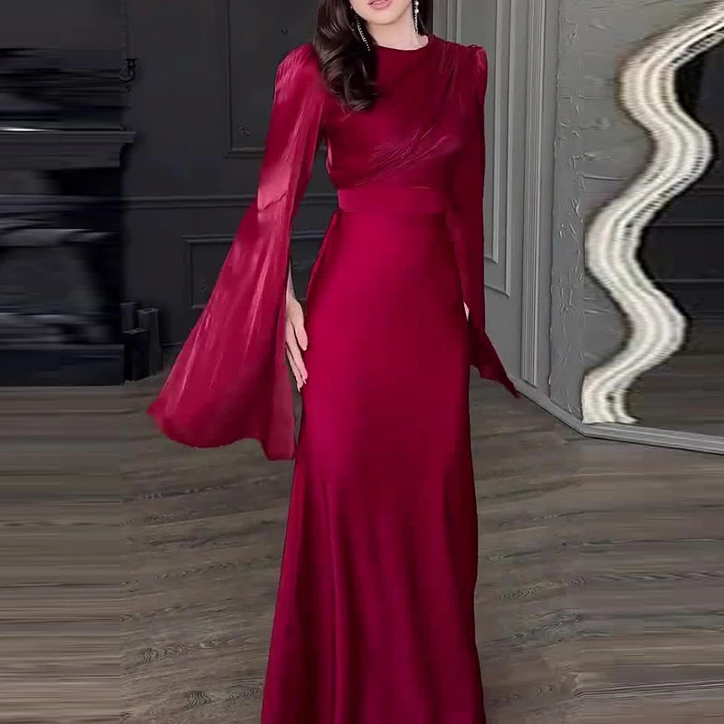 Women Fashion O-neck Hight Waist Long Dress Sexy Split Long Sleeve Solid Party Dress Elegant Mesh Patchwork Satin Evening Dress