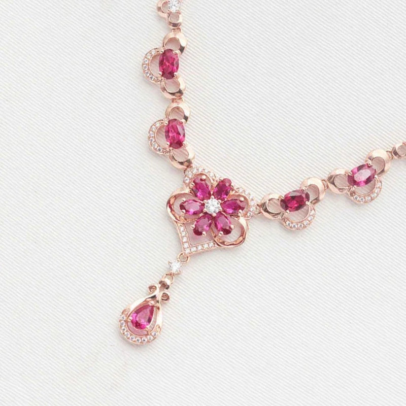 Luxury Rose Golden Elegant Flower Ruby Necklace for Women Romantic Luxury Crystal Pendant Dinner wedding Jewelry
